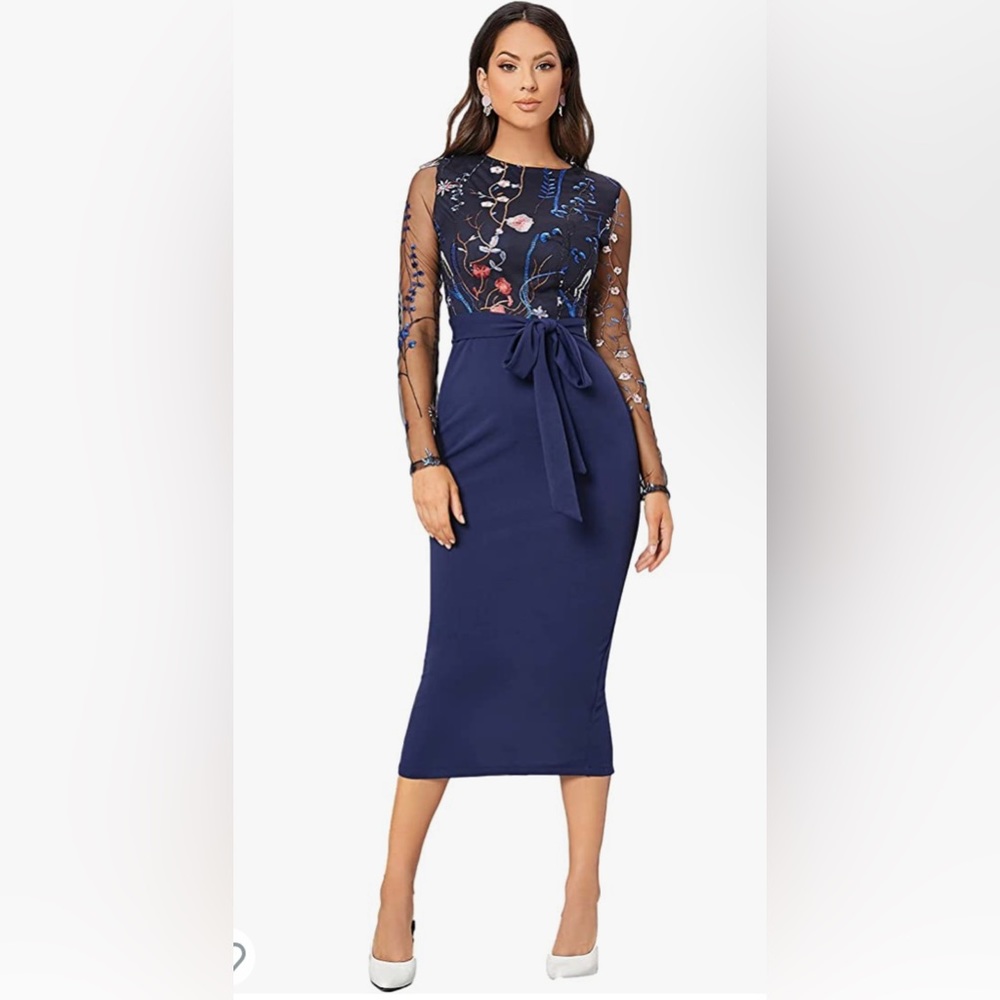 SHEIN Elegant Belted Embroidery Sheer Sleeve Bodycon